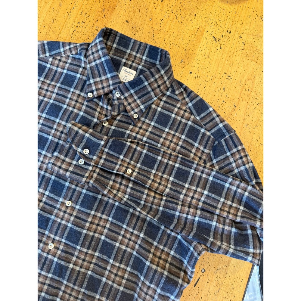 Stenströms Fitted Body Large Blue Brown Plaid Flannel Cotton Button Down Shirt